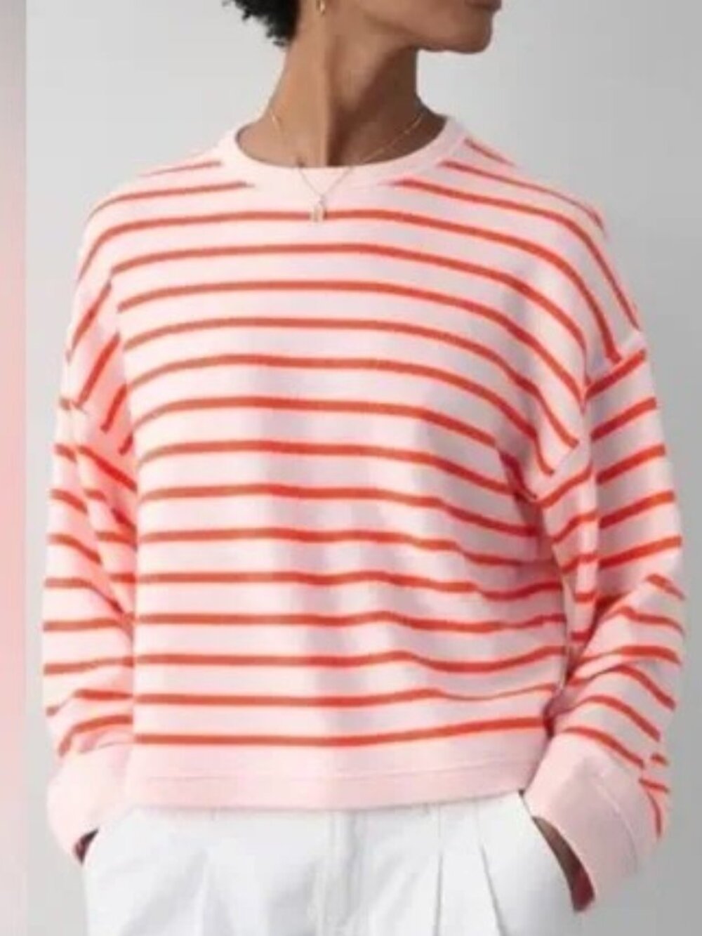 Joie Coral Pink Striped Pullover Sweater Size M 100% Cashmere Crew Neck Boxy - Picture 11 of 12